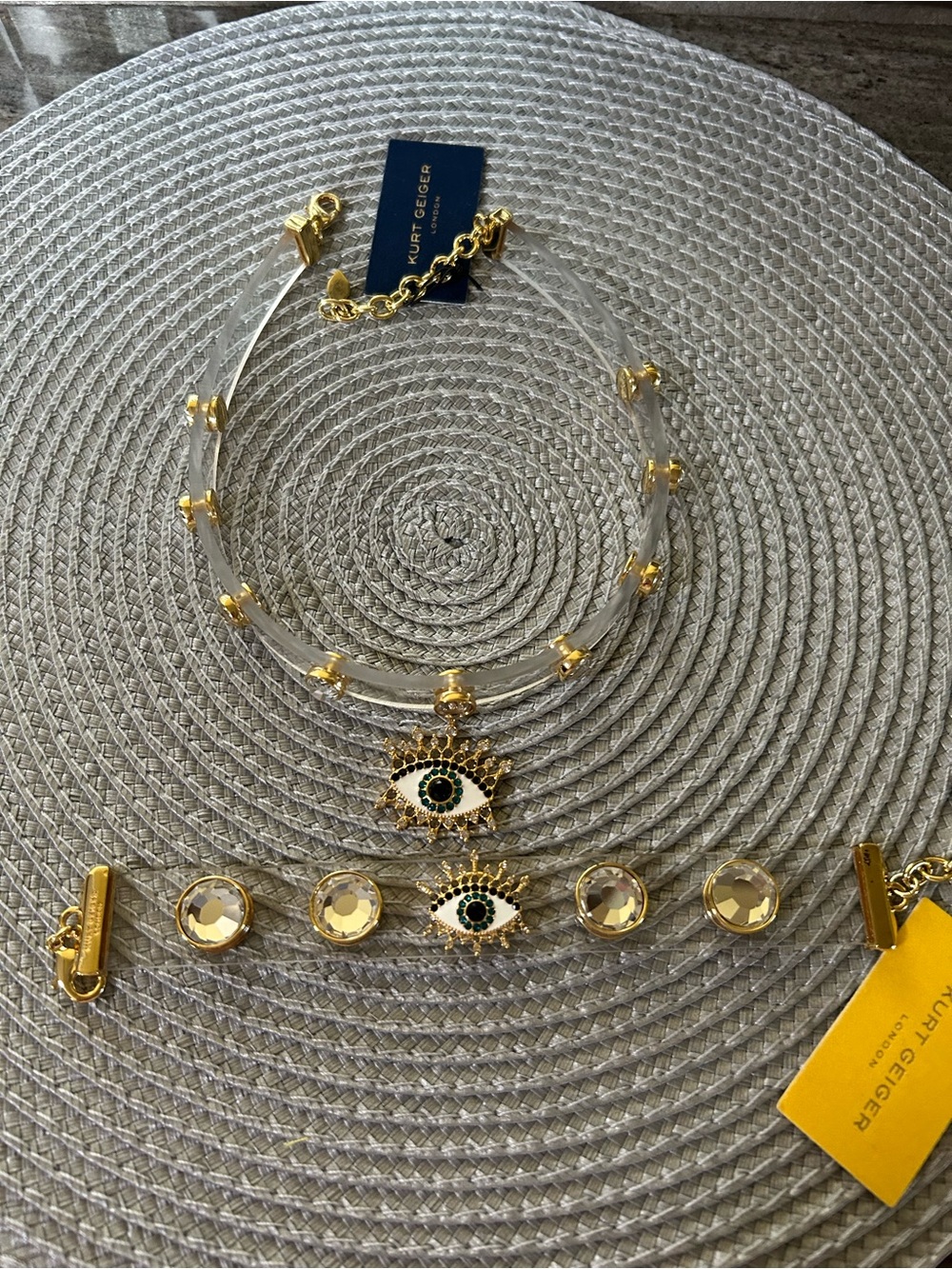 Kurt Geiger Gold-tone Evil Eye Necklace and Bracelet Set with Clear Cord